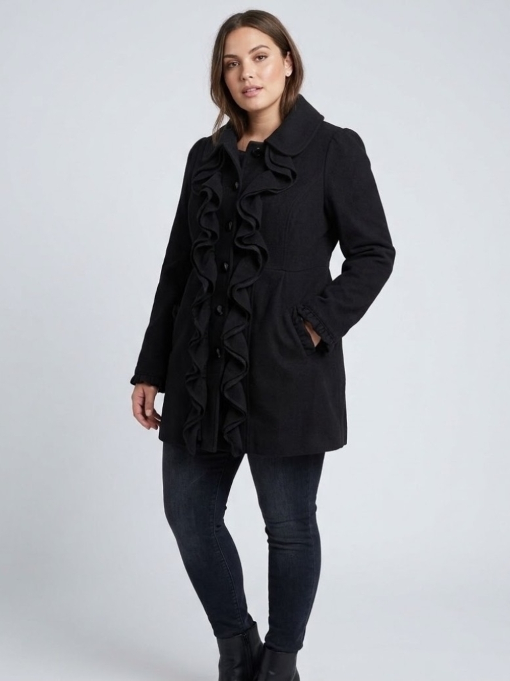 Jolt Black Ruffle-Front Pea Coat